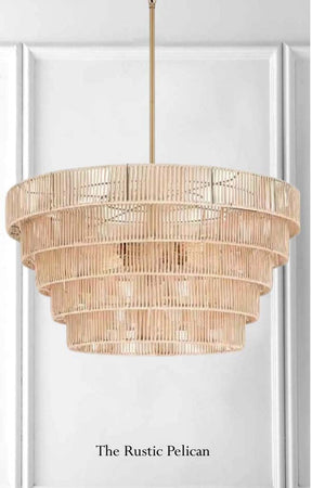 FREE SHIPPING - Large Modern Rattan & Brass Tiered Chandelier