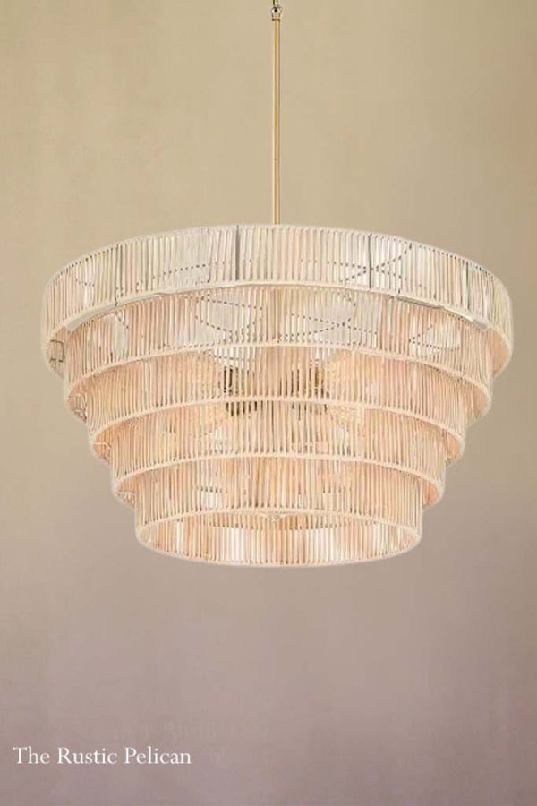 FREE SHIPPING - Large Modern Rattan & Brass Tiered Chandelier