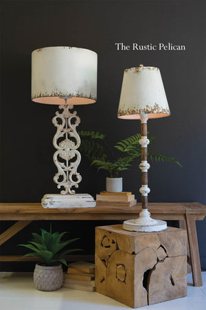 Tall Antique White Carved Damask Table Lamp