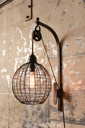 Modern Rustic farmhouse metal mesh wall sconce with pully 