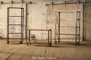 Shelves, Modern, industrial, wood metal shelving unit with castors