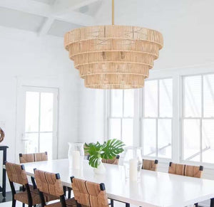 Large Modern Rattan & Brass Tiered Chandelier