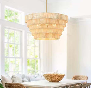 Large Modern Rattan & Brass Tiered Chandelier