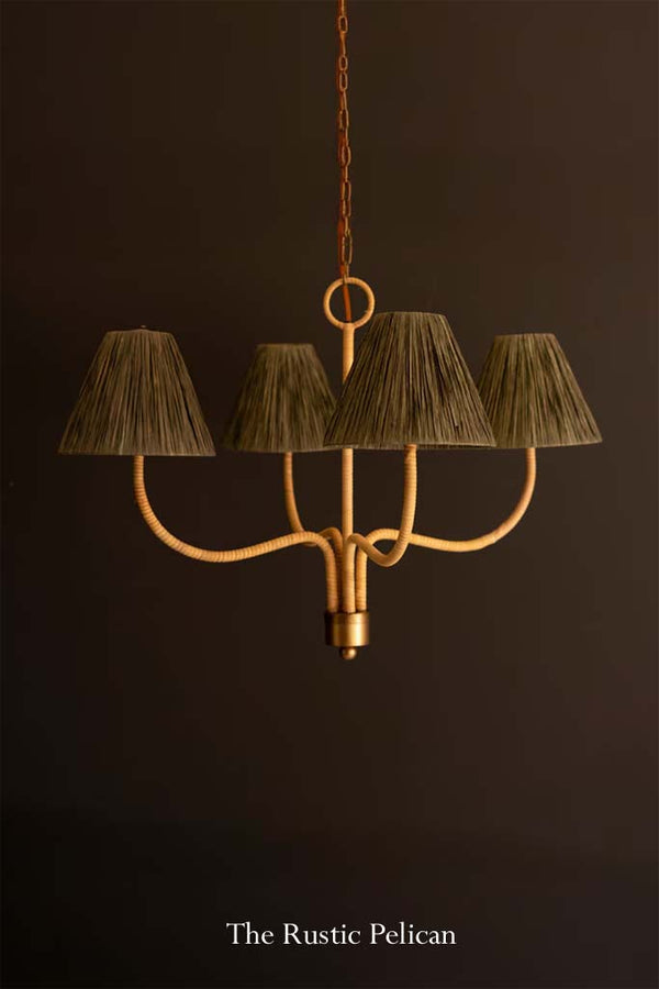Modern Rattan-Wrapped Chandelier with Raffia Shades