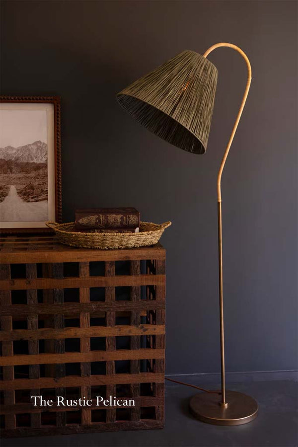 Modern Bohemian Rattan-Wrapped Floor Lamp with Raffia Shade