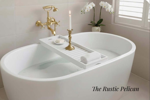 Bathroom Decor - White Bath Tray, Bath, Wood Bath Caddy