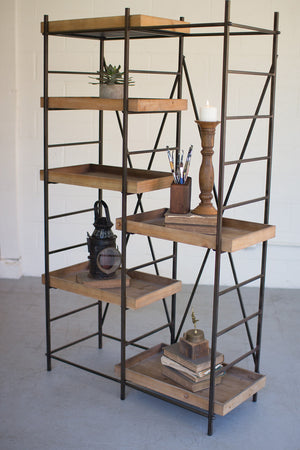 Modern Industrial Wood and  Metal shelving unit, six adjustable wooden shelves