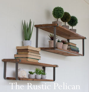 Rustic reclaimed wood and metal floating shelves